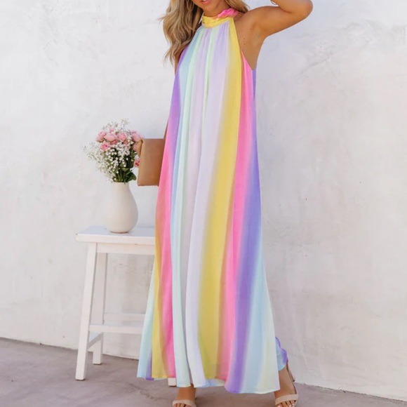 Striped Flowy Halter Jumpsuit - Picture 2 of 11